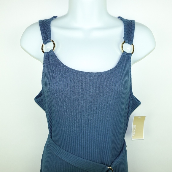 Michal Kors Blue Ribbed Stretchy Dress with Belt - Picture 3 of 6